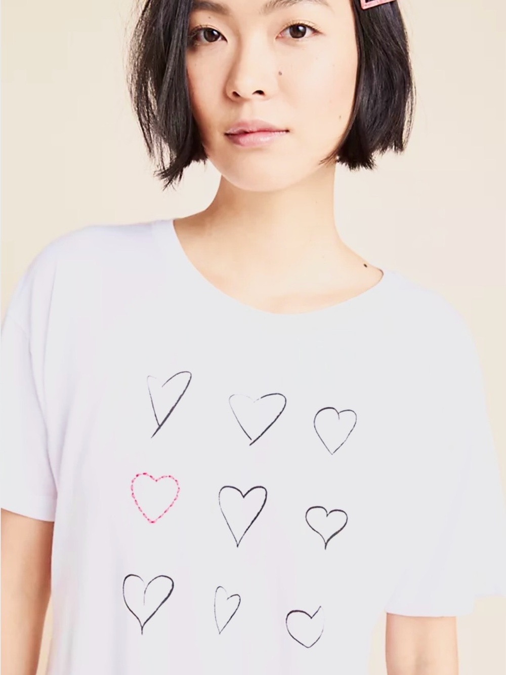 Anthropologie White Tee with Black Heart Sketches and Red Accent
